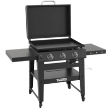 Svart gasolgrill med tre brännare, lock och förvaringsytor på sidorna