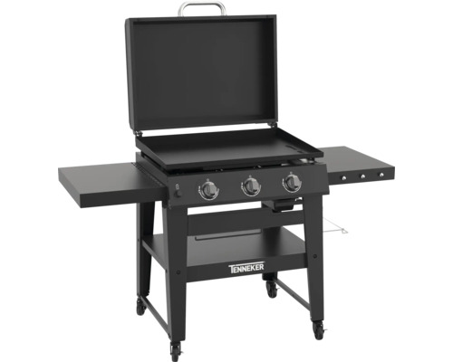 Svart gasolgrill med tre brännare, lock och förvaringsytor på sidorna