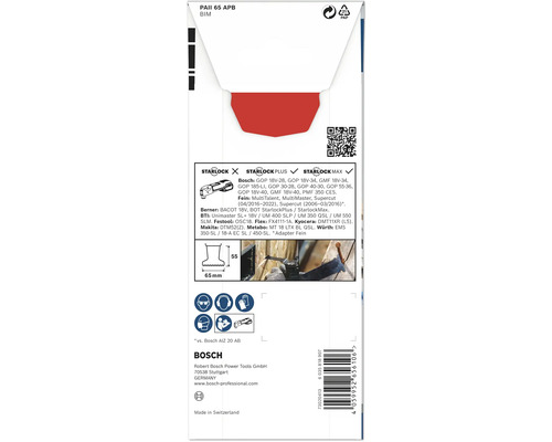 Förpackningsinformation för Bosch verktygstillbehör, inklusive Starlock-kompatibilitet och produktmått.