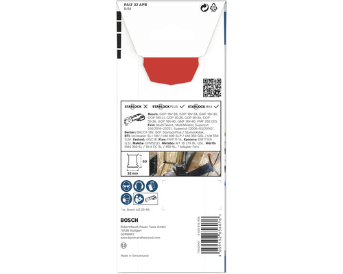 Förpackning för ett Bosch sticksågsbladsfäste med information om kompatibilitet och mått.