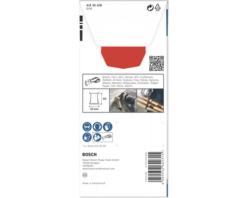 Förpackning för ett Bosch AIZ 32 AIB BIM-sågblad med storleksinformation, exempel på användningsområden och logotyper för olika verktygsmärken