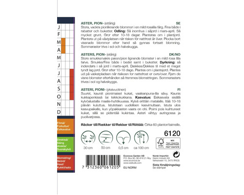 Information om sådd, plantavstånd och blomningstid för astrar