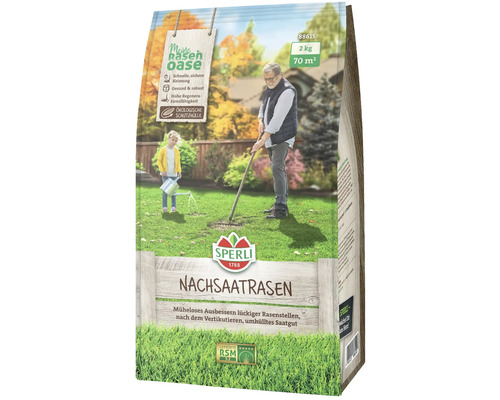 Gräsfrö SPERLI eftersådd RSM 3.2 (inkapslad) 2kg 70m² Sperli Nachsaatrasen förpackning med person och barn på bilden