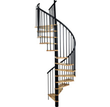 Spiraltrappa med trätrappsteg och metallräcke