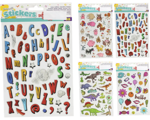 Diverse klistermärkesark med motiv som bokstäver, djur och dinosaurier.
