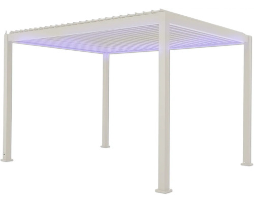 Fristående vit pergola med lamelltak och LED-belysning för trädgården