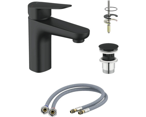 Tvättställsblandare i svart med monteringstillbehör och flexibla anslutningsslangar