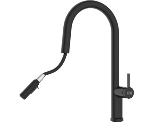 Svart köksblandare med utdragbar dusch och KEO-logotyp
