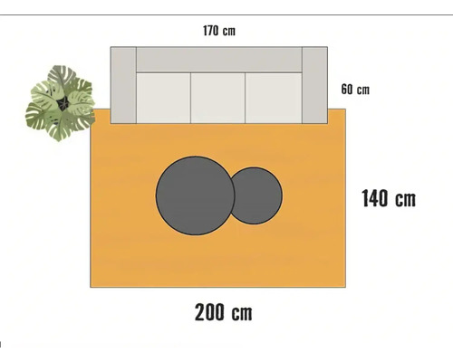 Översikt över trädgårdsmöblemang med soffa, bord och växt med storleksinformation