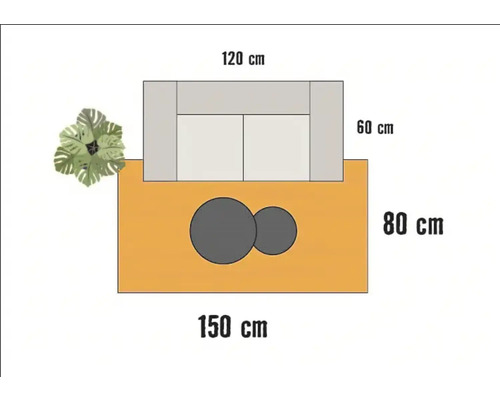 Illustration av en trädgårdslounge med måtten 120 x 60 cm och ett bord med måtten 150 x 80 cm.