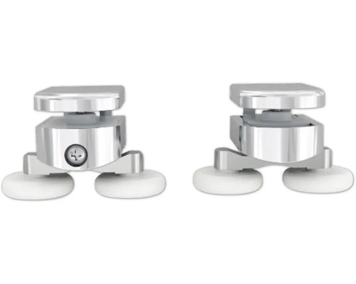 Två duschkabinrullar av metall med skruv och vitt hjul