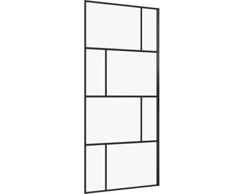 Duschvägg med svart ram och rektangulära glaspaneler