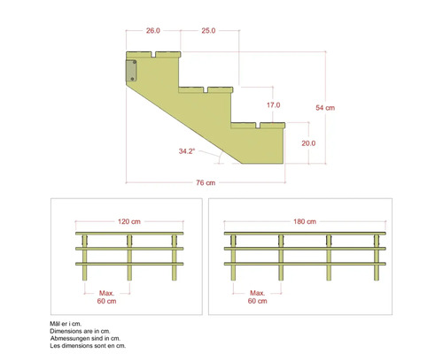 Teknisk ritning av en trappa med mått och räcken