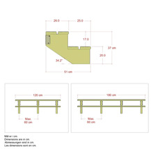 Teknisk ritning av en trappa med måttangivelser och en vy av ett staket med längdangivelser.