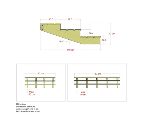 Teknisk ritning av en trätrappa med mått