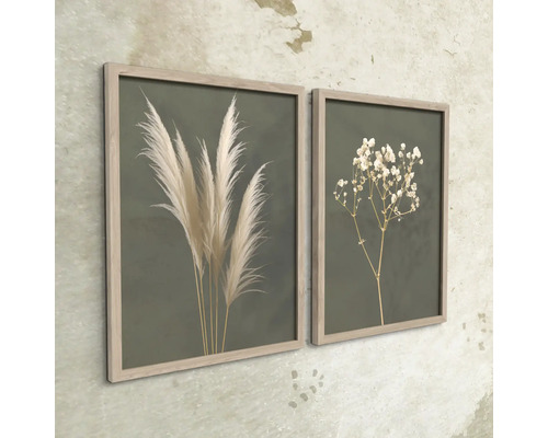 Två inramade bilder med växtmotiv på väggen
