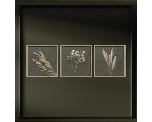 Tre botaniska konsttryck med gräs och blommor i ram hänger på väggen.