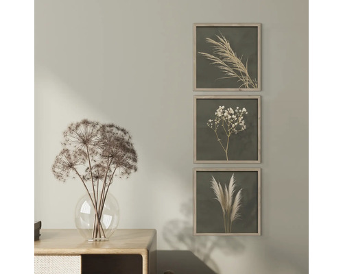 Dekorativa torkade blommor i vas på ett bord bredvid tre inramade botaniska konsttryck på väggen