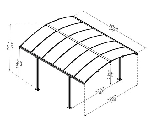 Teknisk ritning av en carport med mått.