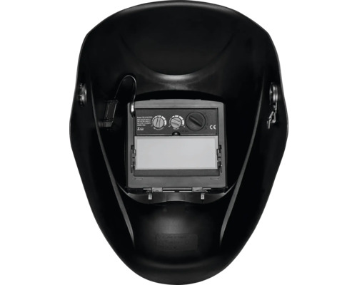 Insidan av en svart svetsmask med visningsfönster och justeringsrattar