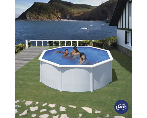 Ovanmarkspool med badgäster i trädgården