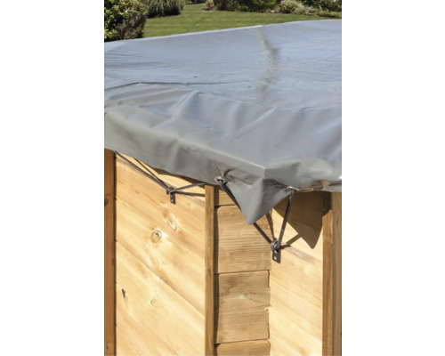 Träpool med grå skyddsplatta och gummibandsfäste