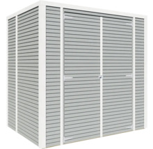 Metallträdgårdshus med dubbeldörr och horisontell panel.
