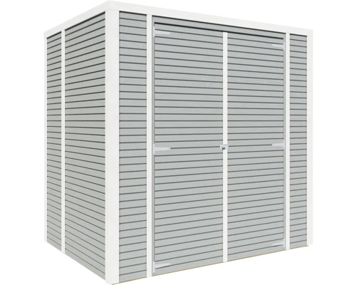 Metallträdgårdshus med dubbeldörr och horisontell panel.