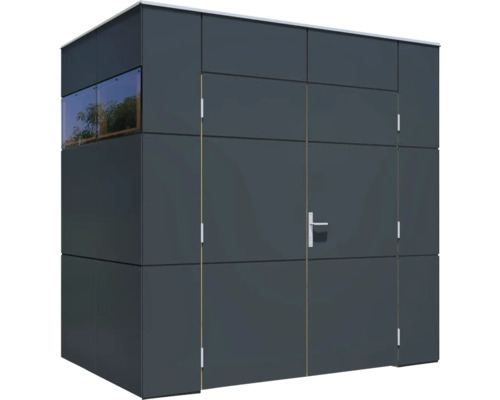 Modern trädgårdsskjul med fönster och dörr