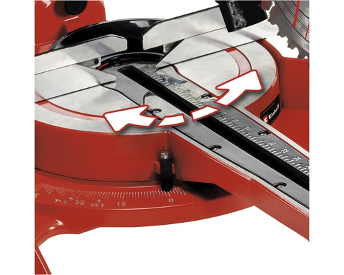 Detaljvy av en kap- och geringssåg med vinkelindikator och skärlinjelaser