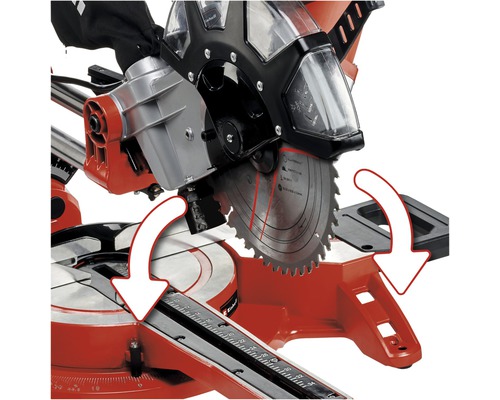 Detalj av en kap- och geringssåg med vridbart sågblad