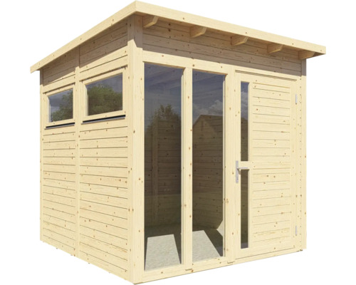 Trädgårdshus i trä med fönster och dörr