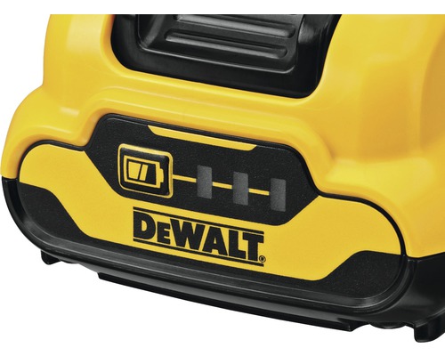 DeWalt-logotyp på ett batteri med laddningsindikator