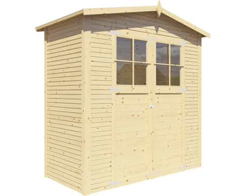 Trädgårdsskjul i trä med dubbeldörr och fönster