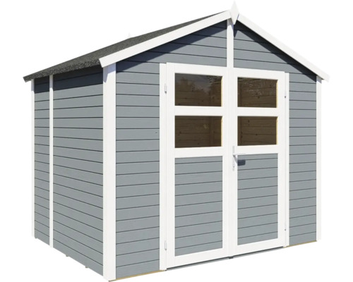 Trädgårdsskjul av trä med dubbeldörr och fönster