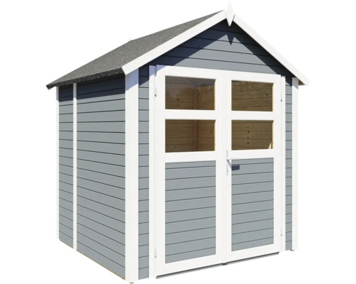 Trädgårdsskjul av trä med dubbeldörr och fönster