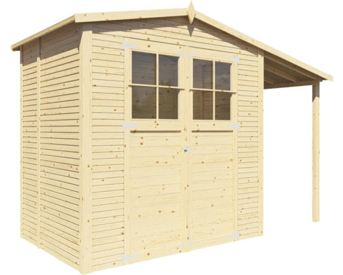 Trädgårdsskjul av trä med dubbeldörr och markis