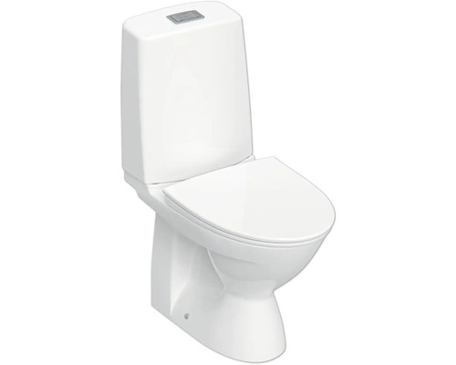 Vit stående toalett med cistern