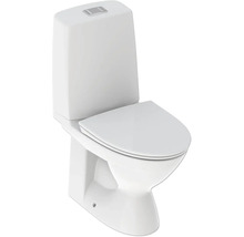 Vit golvstående toalett med cistern och toalettsits