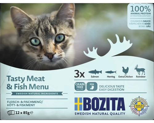 Kattmat BOZITA kött- & fisk i sås 12-pack 1,02kg