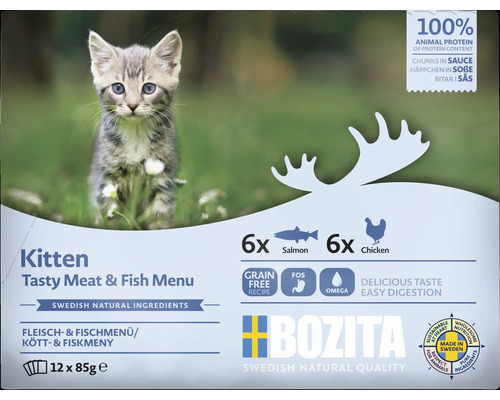 Kattmat BOZITA Kattunge kött & fiskmeny i sås 12x85g 1,02kg Bozita Kitten våtfoder med kött och fisk, 12-pack