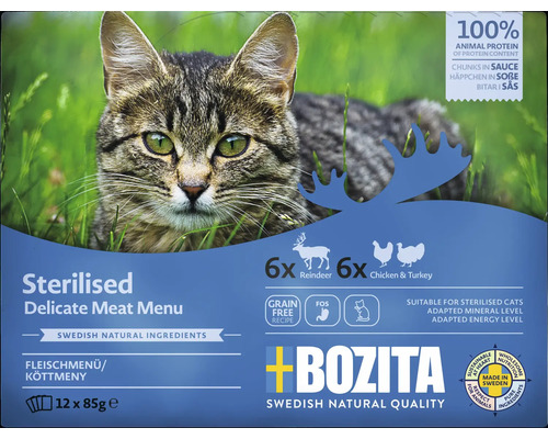 Kattmat BOZITA Sterilised köttmeny i sås 12-pack 1,02kg Bozita Sterilised Delicate Meat Menu kattmat, 12 gånger 85 gram