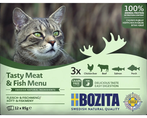 Kattmat BOZITA kött & fisk i gelé 12-pack 1,02kg Bozita kattmat med svenska naturliga ingredienser, smak kött- och fiskmeny, 12 gånger 85 gram