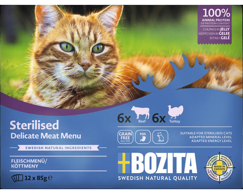 Kattmat BOZITA Sterilised kött i gelé 12-pack 1,02kg Bozita Steriliserad kattmat delikat köttmeny med nötkött och kalkon, 12 gånger 85 gram