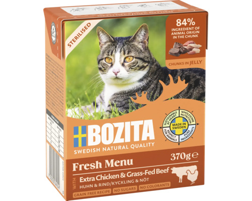 Kattmat BOZITA Sterilised kyckling & nöt i gelé 370g Bozita Fresh Menu kattmat med kyckling och nötkött för steriliserade katter, 370 grams förpackning