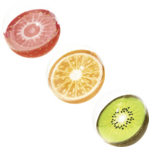 Illustration av skivor av jordgubbe, apelsin och kiwi