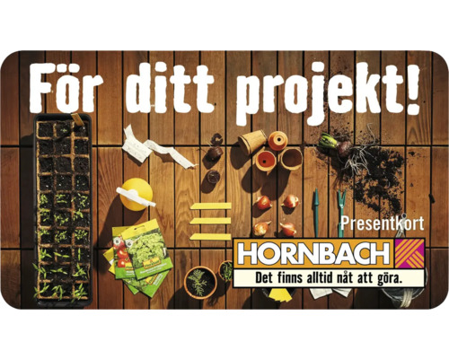 Trädgårdsscen med såbricka, blomsterlökar, växtetiketter, fröpåsar och Hornbach logotyp.
