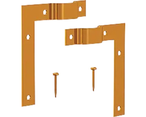 Två vinkelbeslag och två spikar.