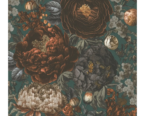 Tapet A.S. CRÉATION Blommig grön 10,05x0,53m Detaljvy av en blommig tapet med frodiga blommor och blad i olika storlekar och former.