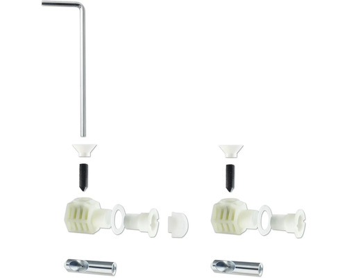 Sprängskiss av ett sanitetsinstallationsset med skruvar, tätningar och verktyg